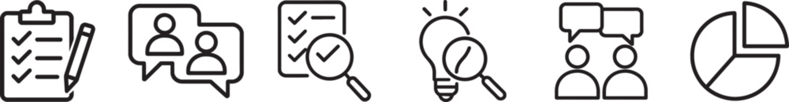 Survey banner web icon set. Modern outline vector symbols for feedback, poll and questionnaire UI.