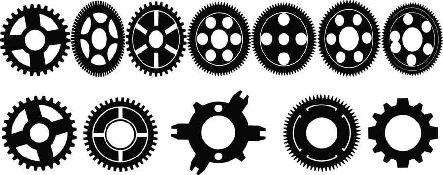 Black gear silhouette icons set, industrial cogwheel machinery parts, mechanical engineering symbols for technology logo design, hardware factory equipment elements,