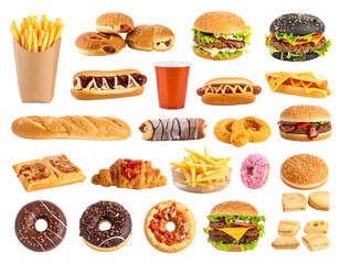 Assorted fast food items including burgers, fries, donuts, hot dogs, pizza slices and beverages arranged in a collage