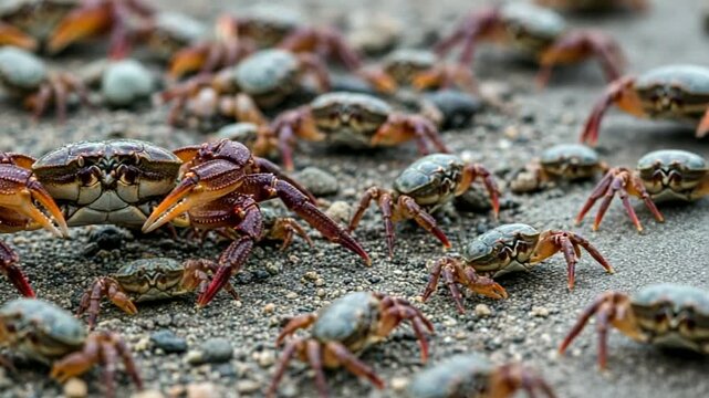 Large group of crabs migrating across sandy beach during daylight.