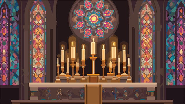 Illuminated altar with stained glass windows, a rose window, and multiple lit candles
