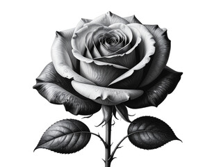Black and white rose in full bloom with detailed petals and stem