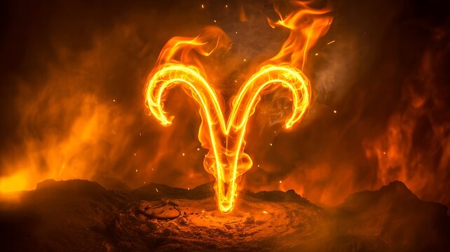 Fiery aries zodiac symbol glowing in flames with dramatic dark background
