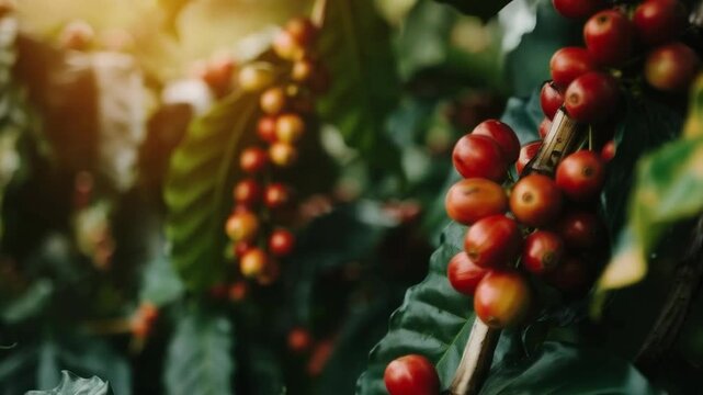 Ripe coffee berries on a branch among dense foliage perfectly convey the atmosphere of a natural harvest for the main background in an article about agriculture.
