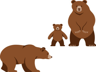 Brown Bear Family Set Featuring Large Adult Grizzlies and Cute Cub in Standing and Walking Poses Isolated on White Background for Wildlife Nature Design © Moyuri