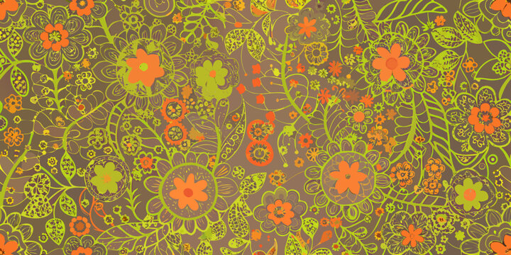 A vibrant floral pattern with orange and green blossoms on a beige background