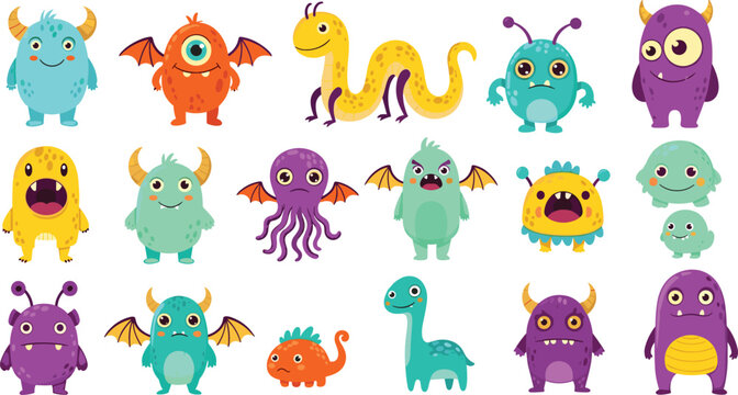 Cute Cartoon Monster Collection with Funny Fantasy Creatures Vector Illustration Set for Kids Design, Halloween Stickers and Game Characters