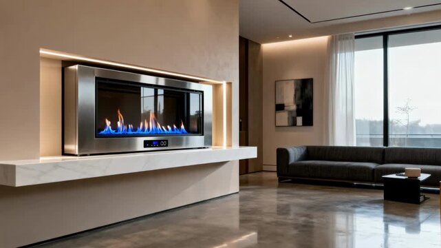 Medium shot of a sleek gas fireplace insert installed in a contemporary living room showcasing clean lines and efficient heating technology.