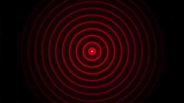 Red Radar Screen Scanning for Targets. Sci-fi HUD Animation of Sonar Waves and Signal Detection. Futuristic Military Interface with Expanding Rings on a Grid Background
