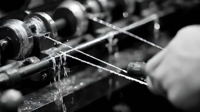 Medium shot capturing the wire drawing process in action illustrating the stepbystep shaping of metal wire with precise diameters for varied applications.