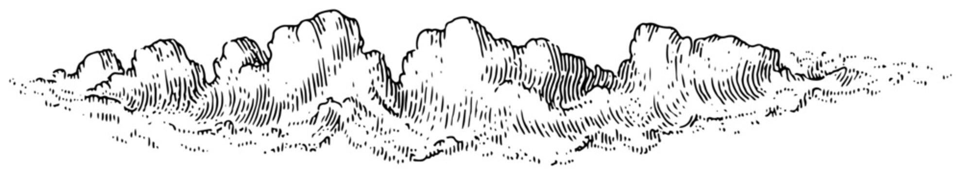 Fluffy cumulus clouds formation in the sky hand drawn sketch
