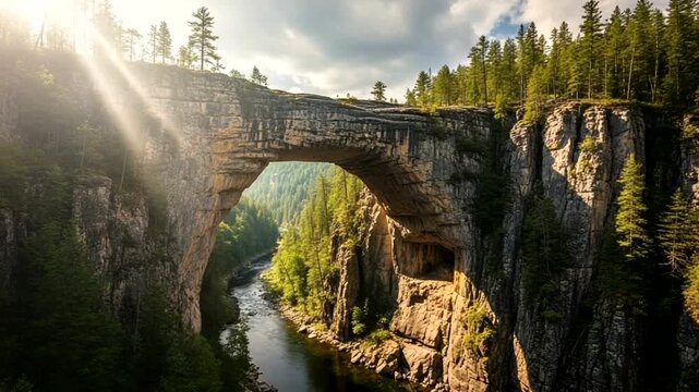 Majestic Natural Bridge Arch Over River Canyon with Sun Rays.