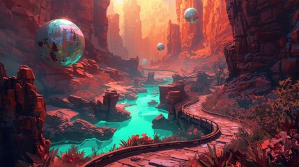 Mystical glow of an alien canyon with celestial bodies and ethereal waterways