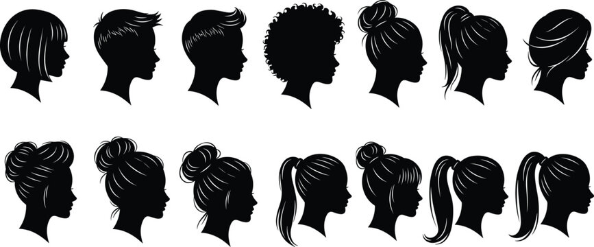 Set of female head profile silhouettes with various hairstyles and haircuts including ponytail bun bob and curly hair vector illustration.