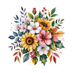 Floral Arrangement with Sunflowers and Hibiscus Isolated on Transparent Background