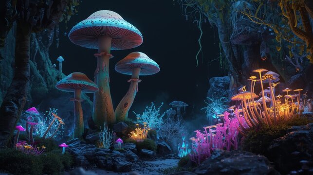 A mystical forest scene with glowing mushrooms and vibrant flora in the darkness