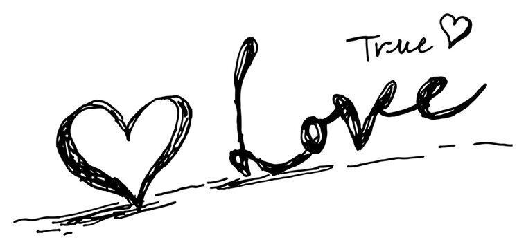hand written text true love with heart shapes ink sketch