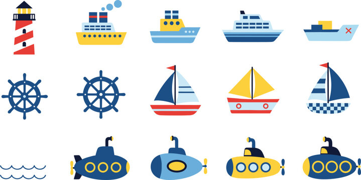 Nautical Transport Icons Collection with Ships Sailboats Submarines and Lighthouse Vector Illustration Set for Marine Travel and Ocean Design