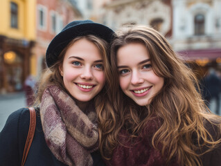 海外旅行している女性二人組のセルフィー