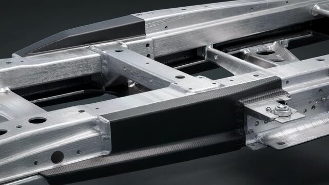 Closeup medium shot of hybrid steelcomposite chassis showcasing the seamless integration of materials for optimized strength and corrosion resistance.