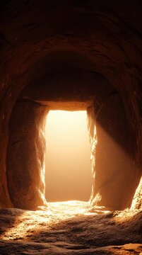 Cave entrance illuminated by sunlight symbolizing hope and faith  