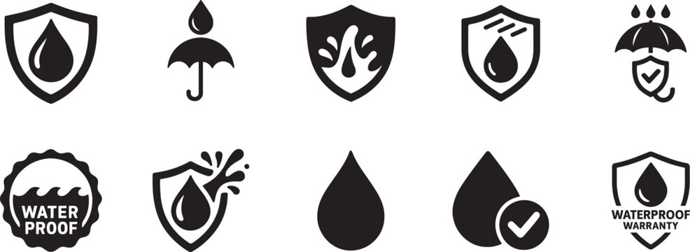 Monochrome waterproof logo set with water drop and shield symbols editable vector design .