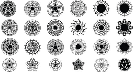 Big Set of Mystical Occult Symbols Featuring Black and White Pentagrams Pentacles Magic Circles and Sacred Geometry Mandalas Isolated on White Background for Esoteric Design