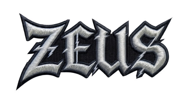 Embroidered patch featuring the heavy metal band logo zeus text design on transparent background
