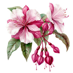 Botanical Illustration Pink and White Flower with Green Leaves