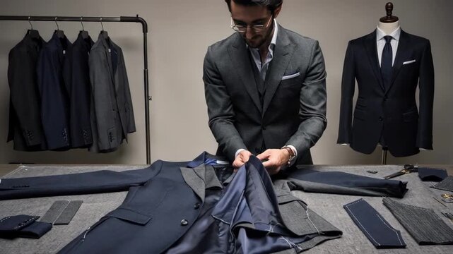 Medium shot capturing the crafting of event line modular suits highlighting luxurious fabrics intricate stitching and customizable jacket designs perfect for formal occasions and