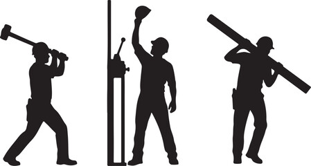 Castle construction silhouettes, fortress building stages, medieval architecture, scaffolding and cranes, workers restoring towers, black vector illustrations, historical design elements