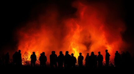 Fototapeta premium Silhouetted Figures Against Intense Flames During Nighttime Fire Event Highlighting Heat and Danger