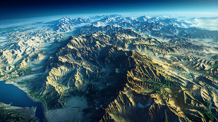 Majestic mountain range viewed from above with ocean stretching below.