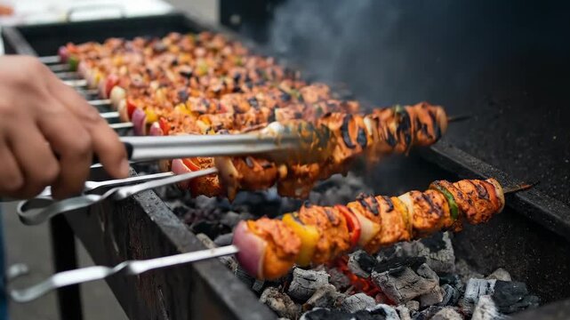 Grilled chicken tandoori skewers cooking over charcoal barbecue grill with vegetables creating smoky flavorful outdoor meat meal on charcoal grill