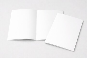 Arrangement of two open white brochures and one closed booklet suggesting stationery marketing materials set against a light backdrop.