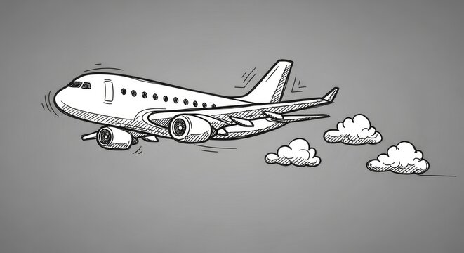 Hand-drawn sketch of a passenger airplane flying through clouds, white on grey background
