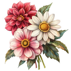 Detailed Botanical Illustration Vibrant Pink and White Flowers