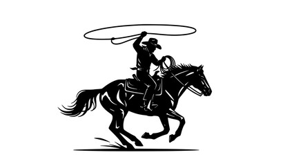 Fototapeta premium American Cowboy Riding Horse with Lasso Silhouette Western Rodeo Vector Illustration