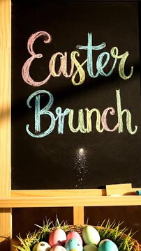 Chalkboard Sign Announcing Easter Brunch with a Basket of Colorful Decorated Eggs and Spring Grass