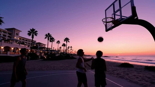 Playing basketball on a beach court at sunset near a hotel with palm trees and ocean