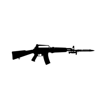 Silhouette of a modern assault rifle with a bayonet attached.
