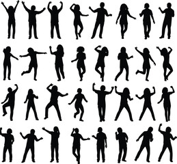 Obraz premium Vector illustration of diverse human silhouettes in dynamic poses symbolizing dance, movement, body language, culture, education, and decorative design
