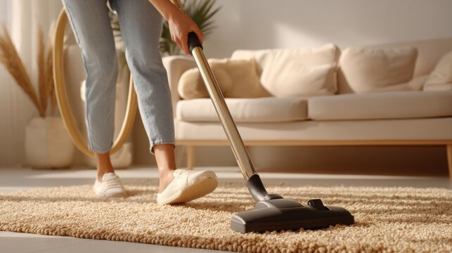 Person vacuums a rug in a living room with warm natural light and minimal clutter in the background
