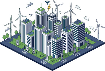 Fototapeta premium Futuristic Eco-Friendly Smart City Vector Illustration with Green Energy and Modern Transportation