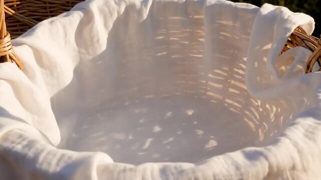 Close-up of an empty woven basket lined with white fabric, bathed in soft sunlight, perfect for product placement or rustic themes