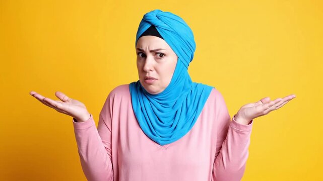 Young woman wearing hijab with puzzled expression against yellow background.