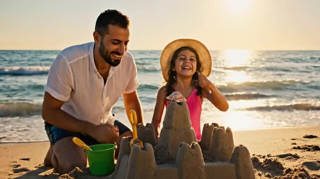 Building a sandcastle on the beach with a child at sunset