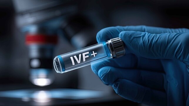 Hand Holding IVF Test Tube in Laboratory Setting with Microscope