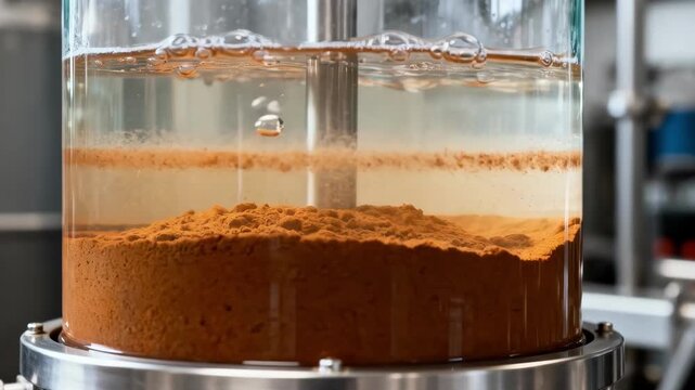 Medium shot focusing on sediment settling at the bottom of a juice clarification tank emphasizing particle separation during the juice purification stage.