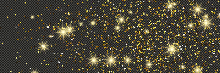 Gold glittering dust with stars on transparent backdrop